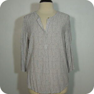 LIZ CLAIBORNE Women's Henley Blouse White/Black/Beige Dots 3/4 Sleeves